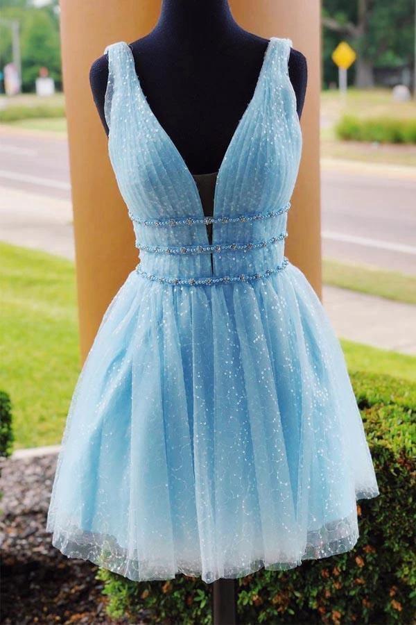 V-Neck Sparkling Beading Sky Blue Short Prom Dress Homecoming Dress PD316 by pgmdress