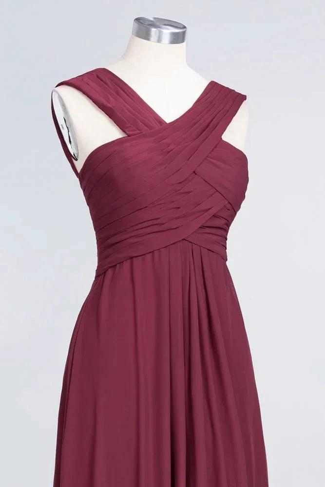 V-Neck Straps Sleeveless Floor-Length Bridesmaid Dress with Ruffles by misshow.com