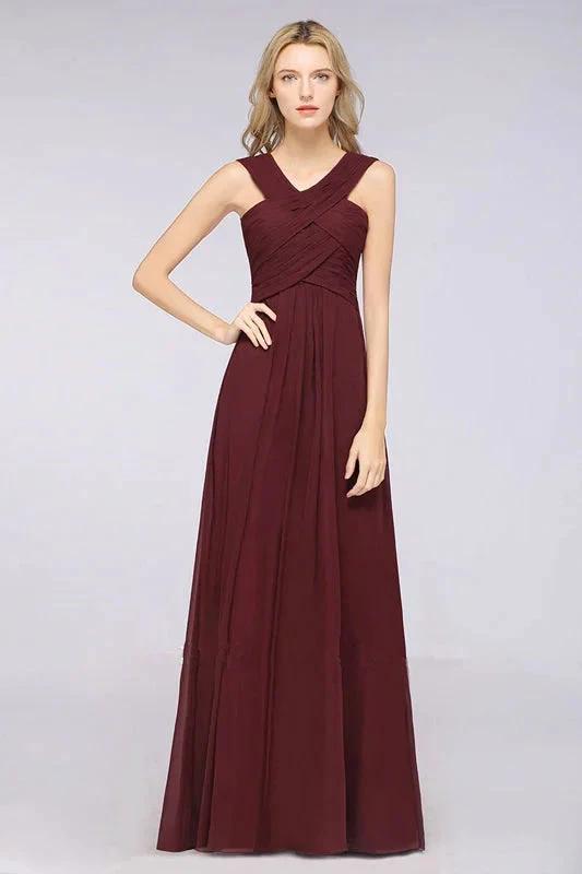 V-Neck Straps Sleeveless Floor-Length Bridesmaid Dress with Ruffles by misshow.com