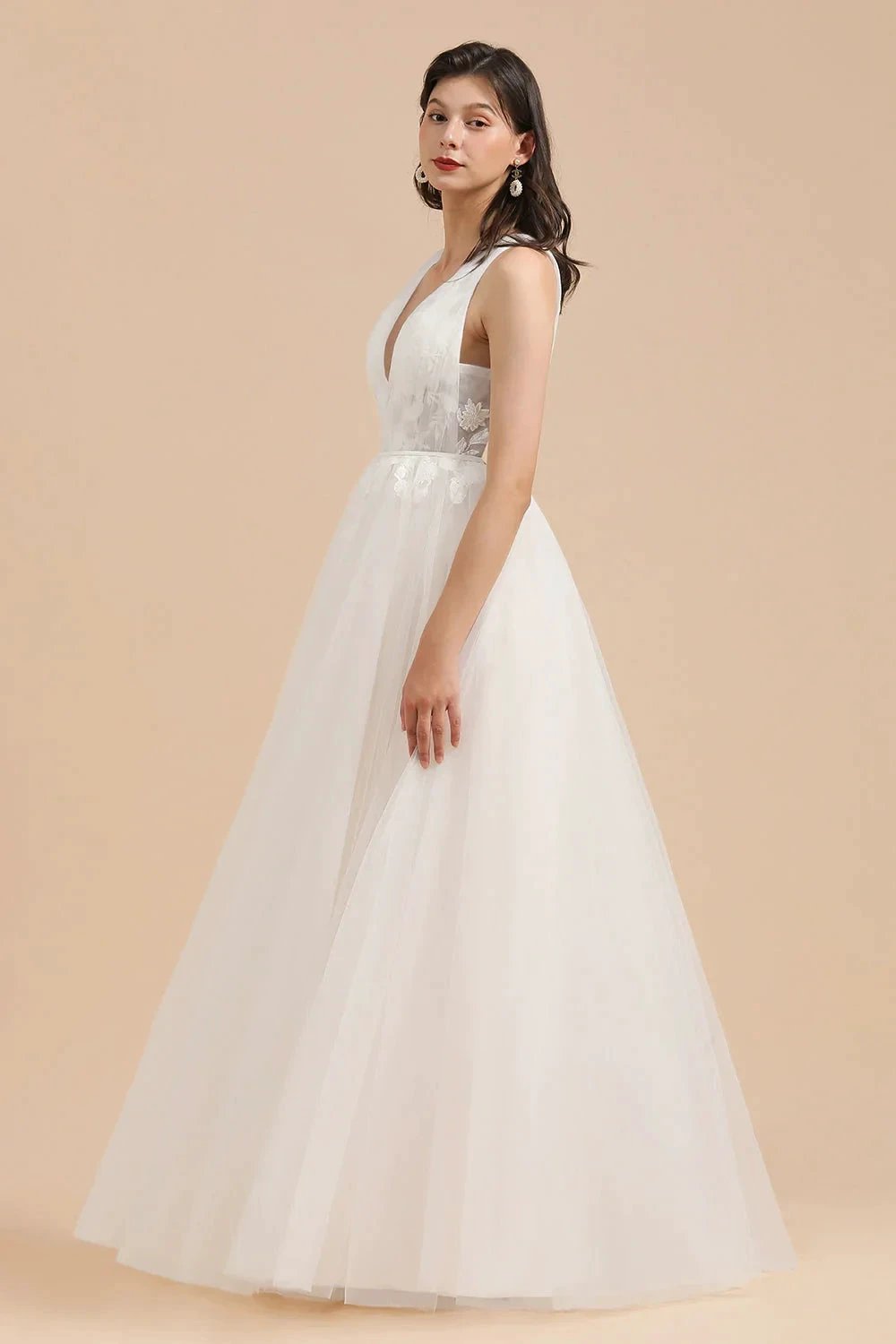 V-Neck Tulle Lace Appliques Simple Wedding Dress Garden Wedding Gowns Floor Length by misshow.com