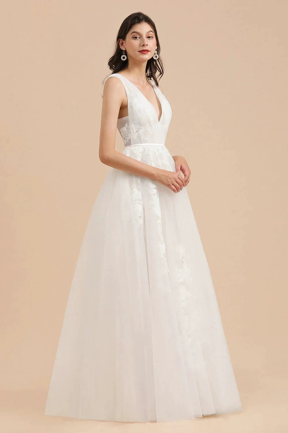 V-Neck Tulle Lace Appliques Simple Wedding Dress Garden Wedding Gowns Floor Length by misshow.com