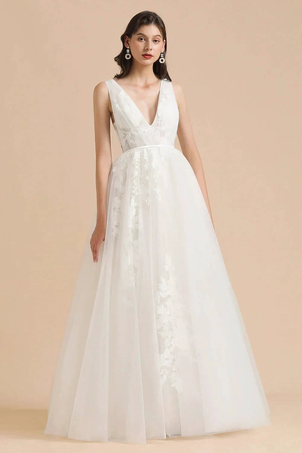 V-Neck Tulle Lace Appliques Simple Wedding Dress Garden Wedding Gowns Floor Length by misshow.com