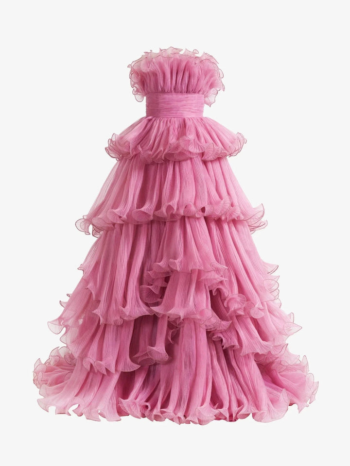 Vanessa |Pink Strapless A-Line Tiered Crinkled Tulle Prom Dress by KissProm