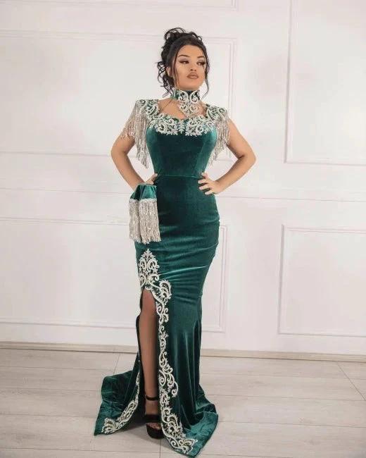 Vestidos de Baile Sereia Longos com Fenda em Veludo Verde Escuro