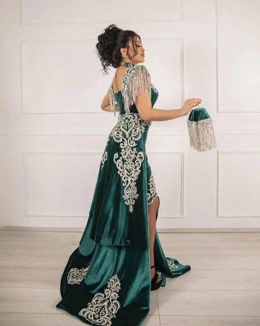Vestidos de Baile Sereia Longos com Fenda em Veludo Verde Escuro
