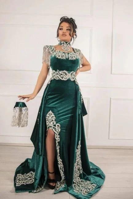 Vestidos de Baile Sereia Longos com Fenda em Veludo Verde Escuro