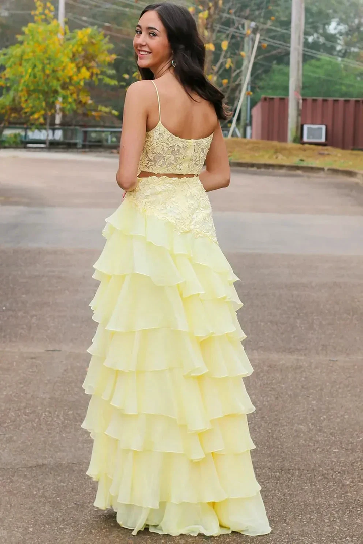 Victorie | Spaghetti Straps Appliques A-Line Layered Chiffon Prom Dress with Slit by KissProm