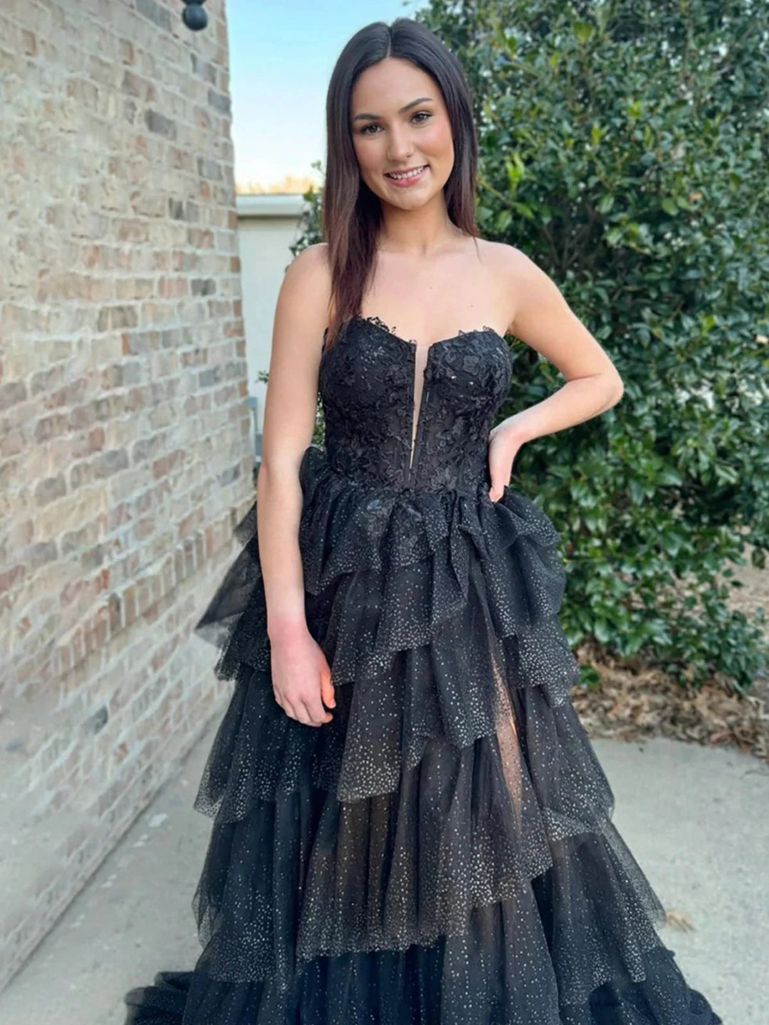 Vina | Black Strapless A Line Tulle Prom Dress With Appliques by KissProm