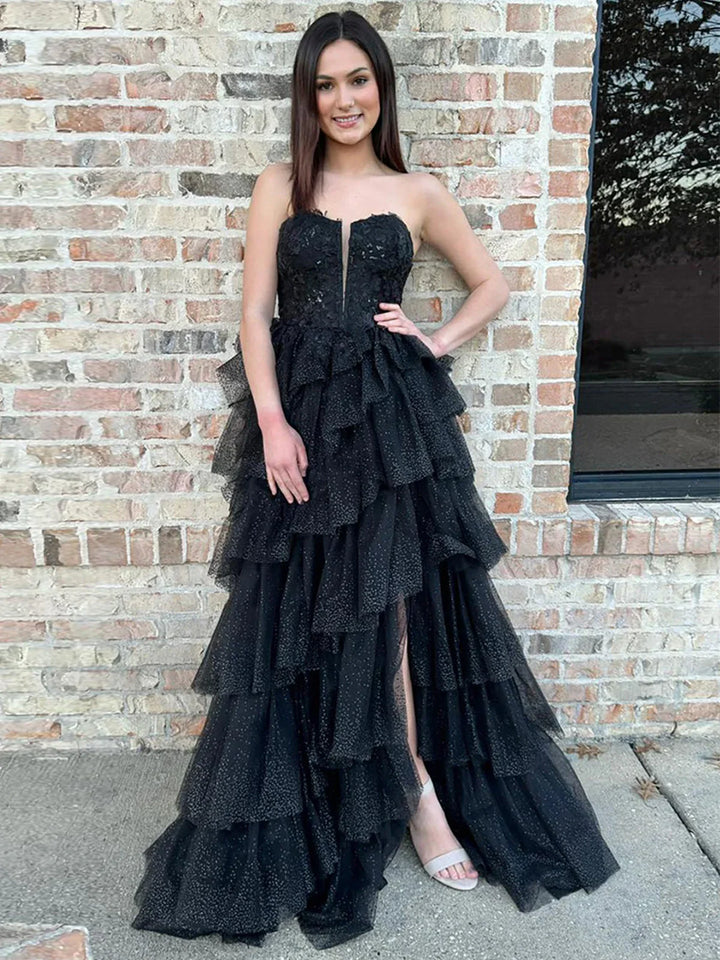 Vina | Black Strapless A Line Tulle Prom Dress With Appliques by KissProm