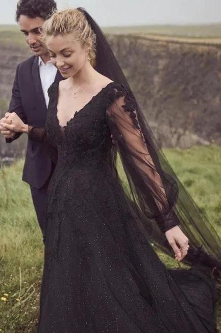 Vintage A-Line Black V-neck Wedding Dresses With Long Sleeves by misshow.com
