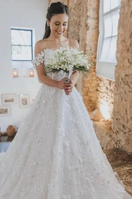 Vintage A-Line Lace Off-The-Shoulder Sleeveless White Wedding Dresses With Appliques by misshow.com