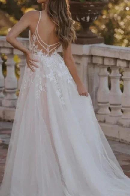 Vintage A-Line Lace Sweetheart Sleeveless White Wedding Dresses With Appliques by misshow.com