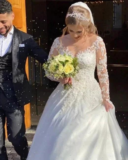 Vintage A-line Lace Wedding Dresses With Sleeves by misshow.com