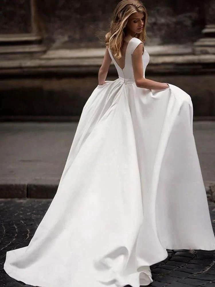 Vintage A-line Princess Ivory Satin Long Wedding Dresses with Pockets WD328 by pgmdress