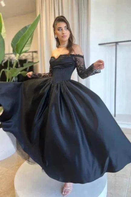Vintage A-Line Satin Sweetheart Long Sleeve Black Prom Dresses With Appliques by misshow.com