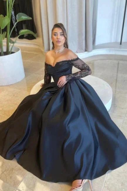 Vintage A-Line Satin Sweetheart Long Sleeve Black Prom Dresses With Appliques by misshow.com