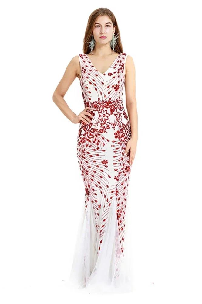 Vintage Beadings Mermaid Evening Gowns V-Neck Floor Length Prom Dress by misshow.com