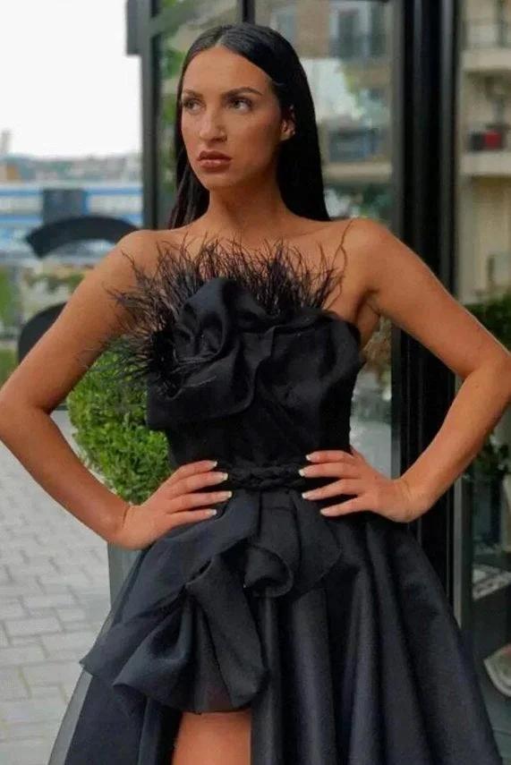 Vintage Black Strapless Flower A-Line Floor-length Prom Dresses with Slit by misshow.com