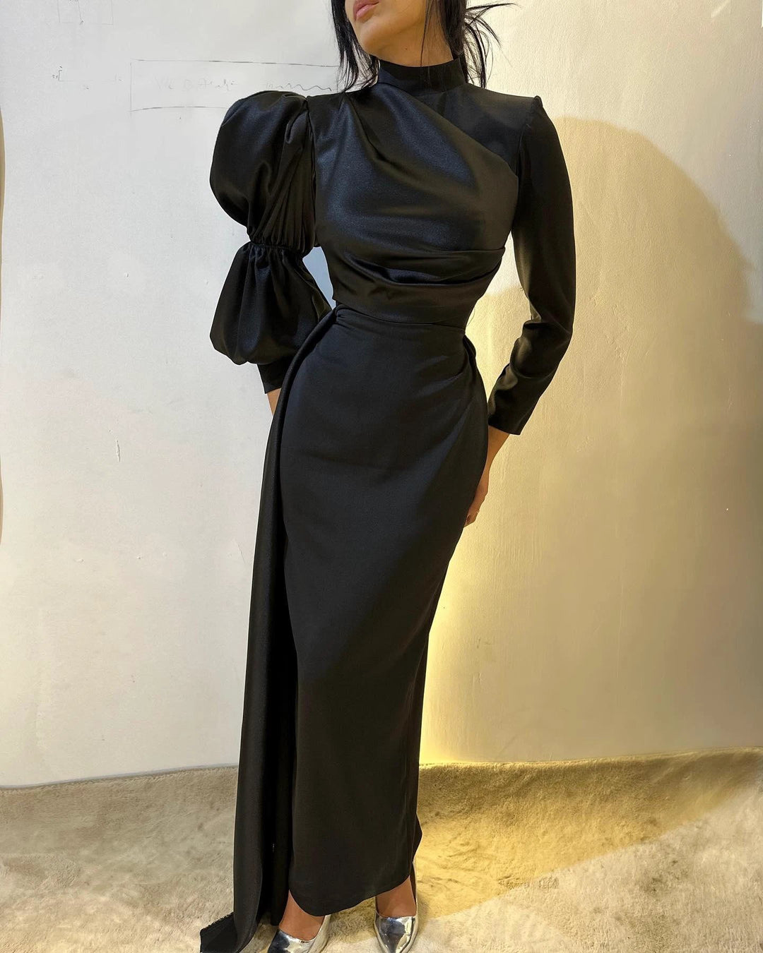Vintage Column Satin High Neck Long Sleeve Black Prom Dress With Ruffles by misshow.com