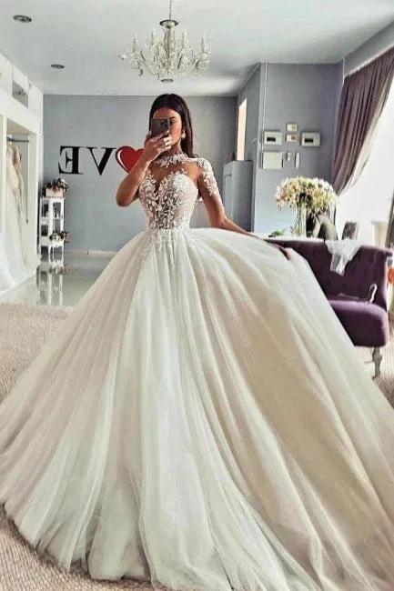 Vintage Jewel Long Sleeves Lace A-Line Tulle Wedding Dresses by misshow.com