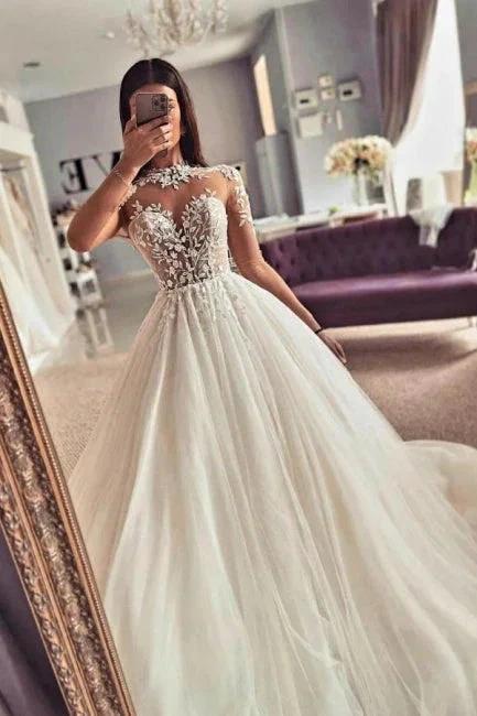 Vintage Jewel Long Sleeves Lace A-Line Tulle Wedding Dresses by misshow.com