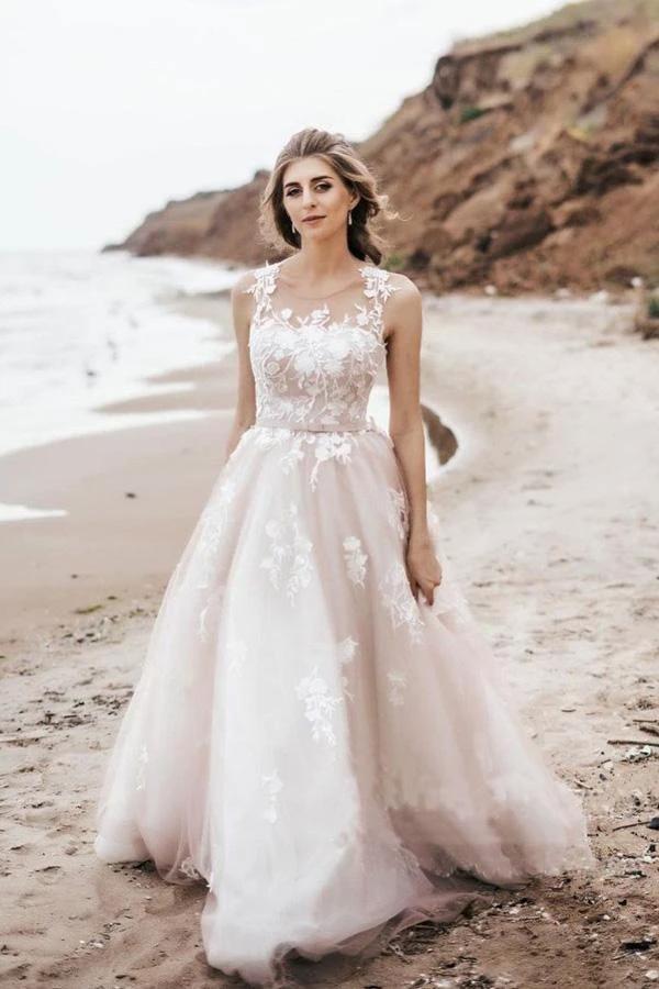 Vintage Lace Scoop Neckline A Line Tulle Wedding Bridal Dress WD531 by pgmdress
