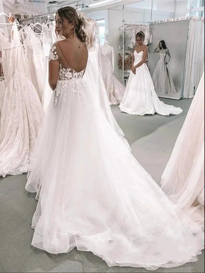 Vintage Long A-Line Bateau Appliques Lace Tulle Wedding Dress with Sleeves by BIZTUNNEL