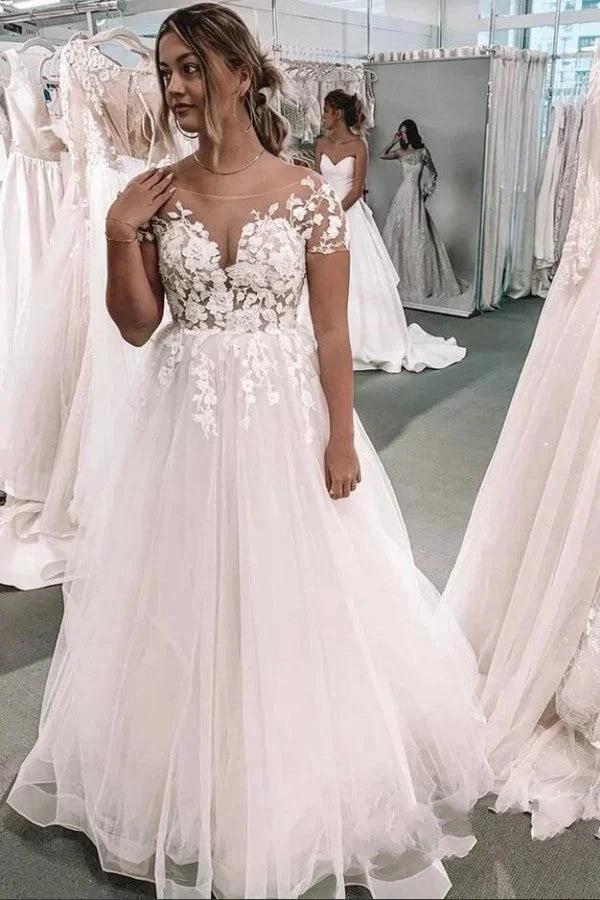 Vintage Long A-Line Bateau Appliques Lace Tulle Wedding Dress with Sleeves by BIZTUNNEL
