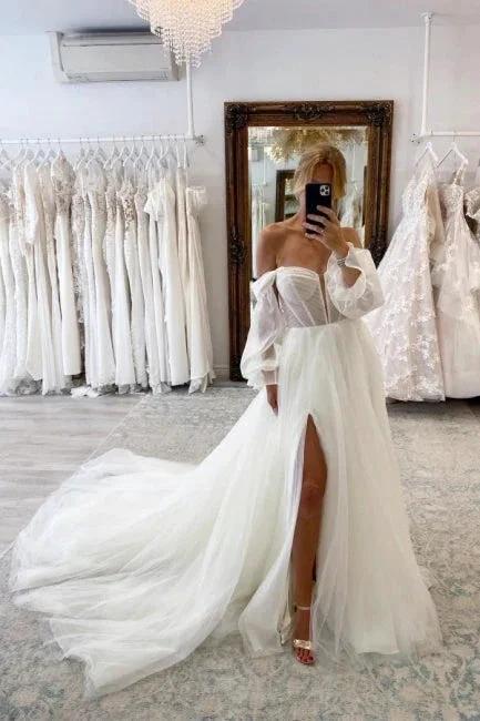 Vintage Long A-line Tulle Split Wedding Dresses With Long Sleeves by misshow.com