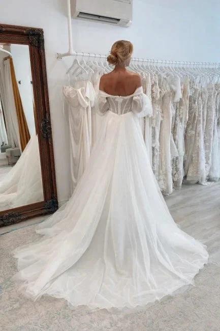 Vintage Long A-line Tulle Split Wedding Dresses With Long Sleeves by misshow.com