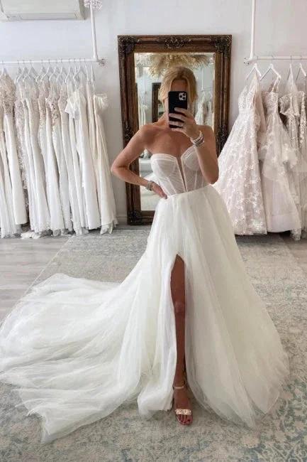 Vintage Long A-line Tulle Split Wedding Dresses With Long Sleeves by misshow.com