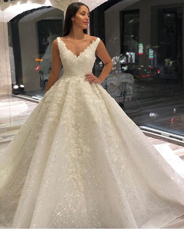 Vintage Long A-Line V-neck Appliques Lace Sequins Wedding Dress by BIZTUNNEL