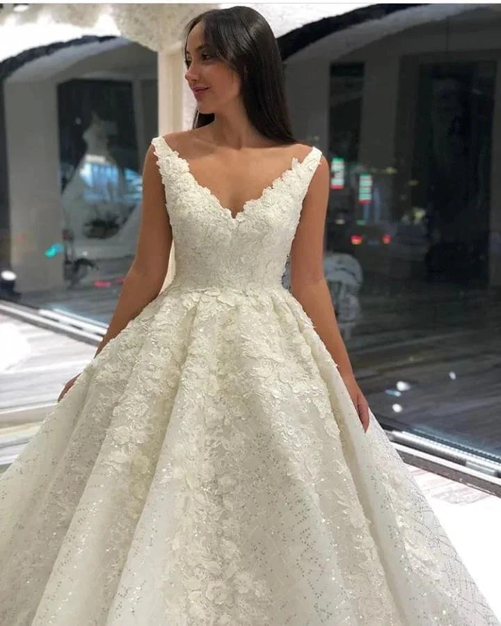 Vintage Long A-Line V-neck Appliques Lace Sequins Wedding Dress by BIZTUNNEL