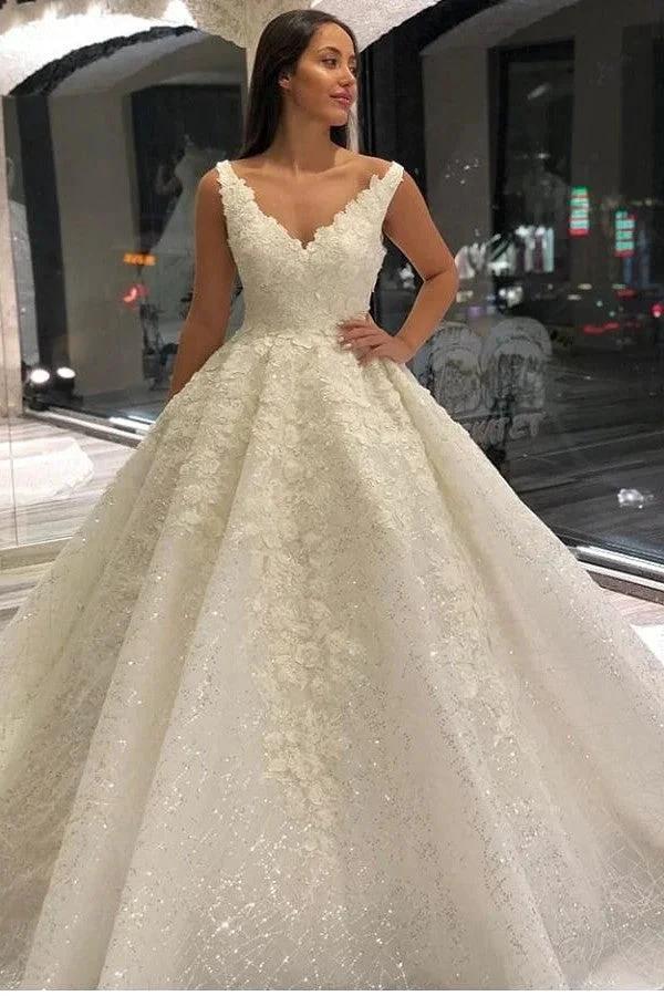 Vintage Long A-Line V-neck Appliques Lace Sequins Wedding Dress by BIZTUNNEL