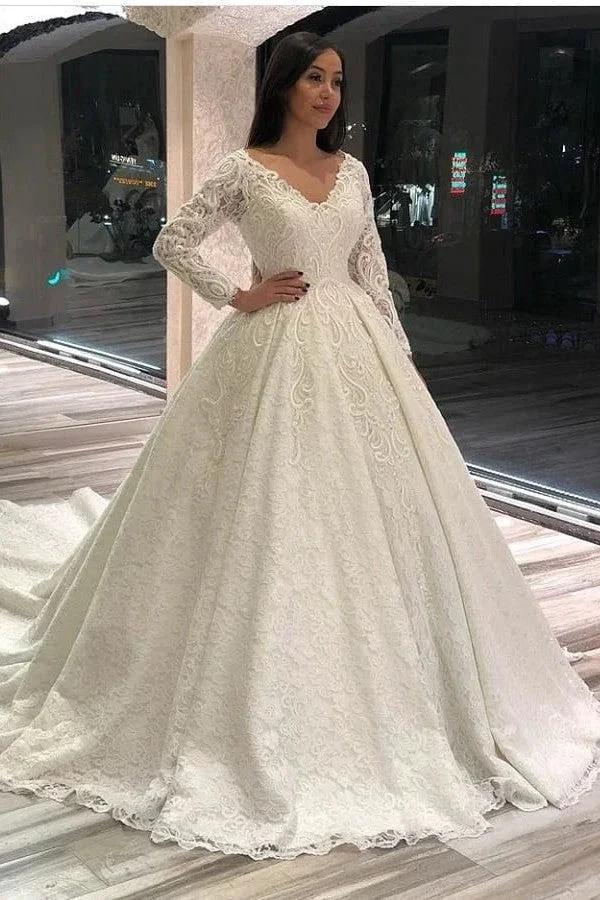 Vintage Long A-line V-neck Appliques Lace Wedding Dress with Sleeves by BIZTUNNEL