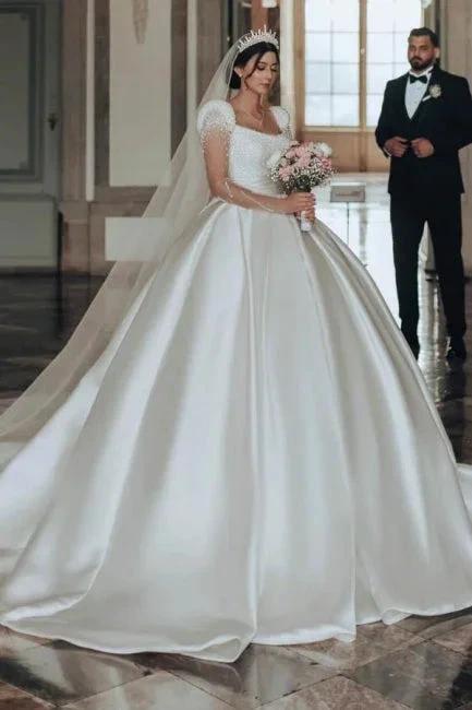 Vintage Long Ivory A-line Square Neck Satin Glitter Wedding Dress with Long Sleeves by misshow.com