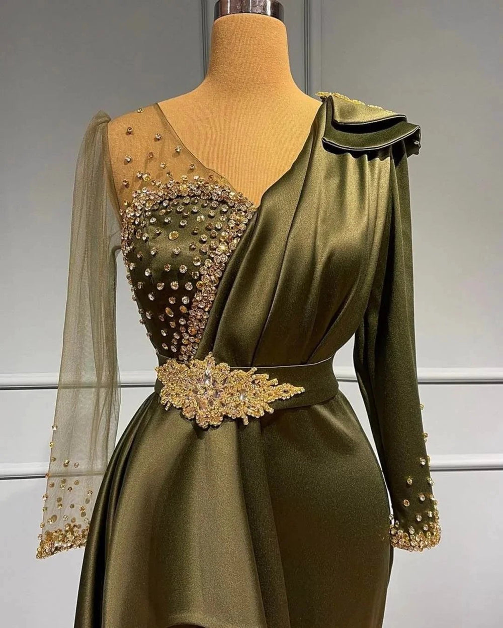 Vintage Long Mermaid V-neck Beading Satin Prom Dress with Sleeves by BIZTUNNEL