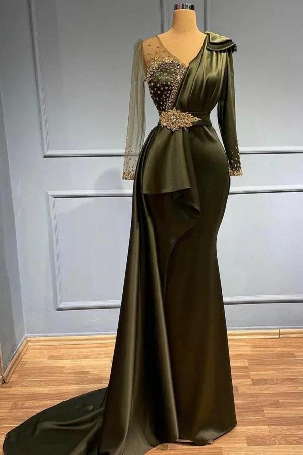Vintage Long Mermaid V-neck Beading Satin Prom Dress with Sleeves by BIZTUNNEL