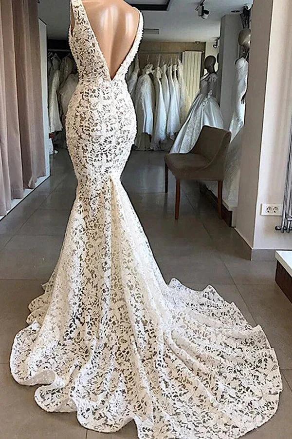 Vintage Long Mermaid V-neck Lace Backless Wedding Dresses by BIZTUNNEL