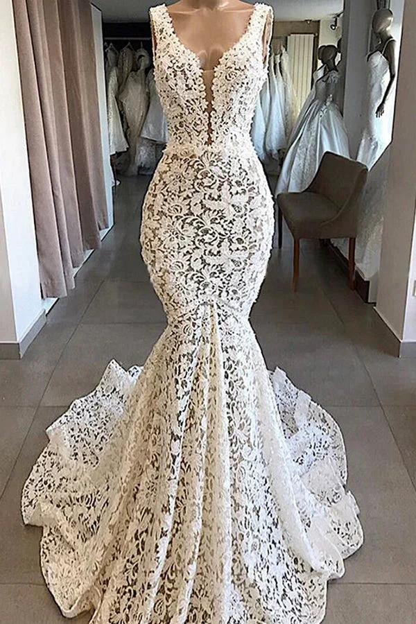 Vintage Long Mermaid V-neck Lace Backless Wedding Dresses by BIZTUNNEL