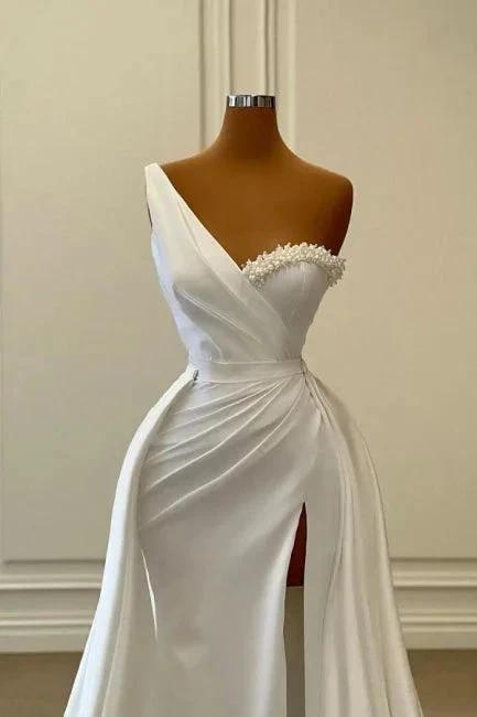 Vintage Long White One Shoulder Pearls Sleeveless Evening Dresses With Slit by misshow.com