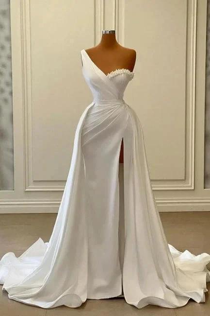Vintage Long White One Shoulder Pearls Sleeveless Evening Dresses With Slit by misshow.com