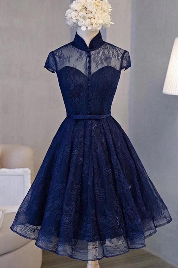 Vintage Navy Blue Cap Sleeves Homecoming Dress Party Dresses PD281 by pgmdress