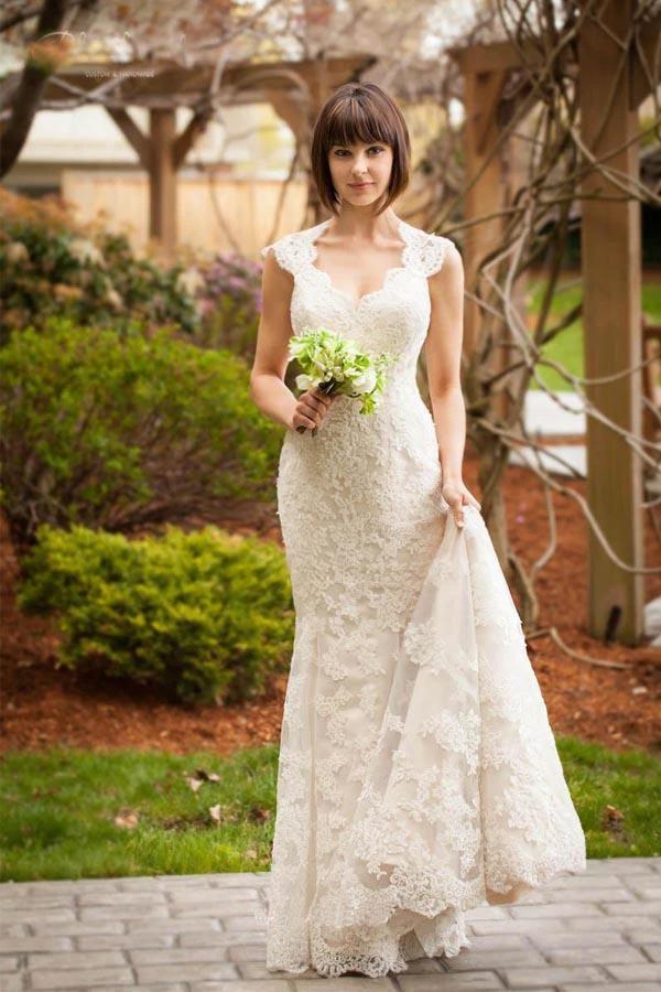 Vintage Quee Keyhole Winter Long Lace Mermaid Wedding Dress WD152 by pgmdress