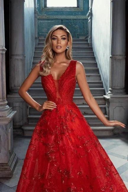 Vintage Red V-Neck Sleeveless A-Line Tulle Prom Dresses with Applique by misshow.com