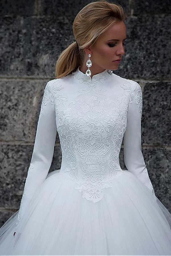Vintage Satin High Collar Natural Waistline Ball Gown Wedding Dress WD190 by pgmdress