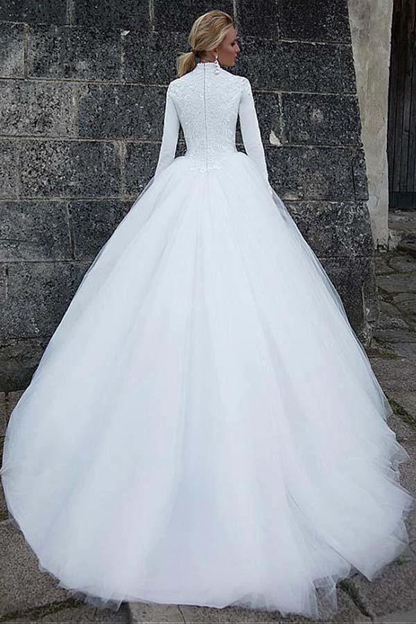 Vintage Satin High Collar Natural Waistline Ball Gown Wedding Dress WD190 by pgmdress