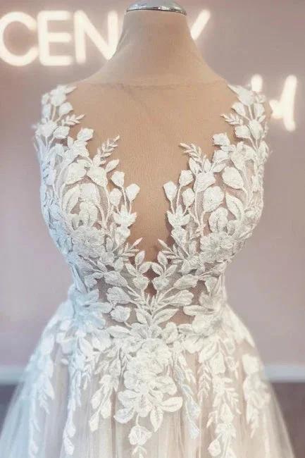 Vintage v-neck sleeveless a-line backless lace Wedding dresses by misshow.com