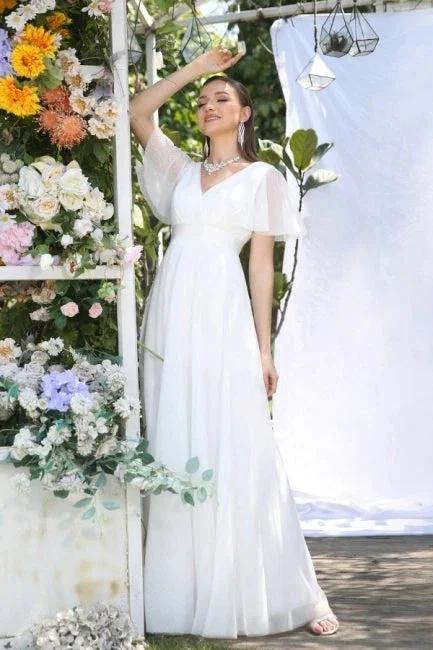 Vintage white V-Neck Short-Sleeves A-Line Floor-Length Tulle Prom Dresses by misshow.com
