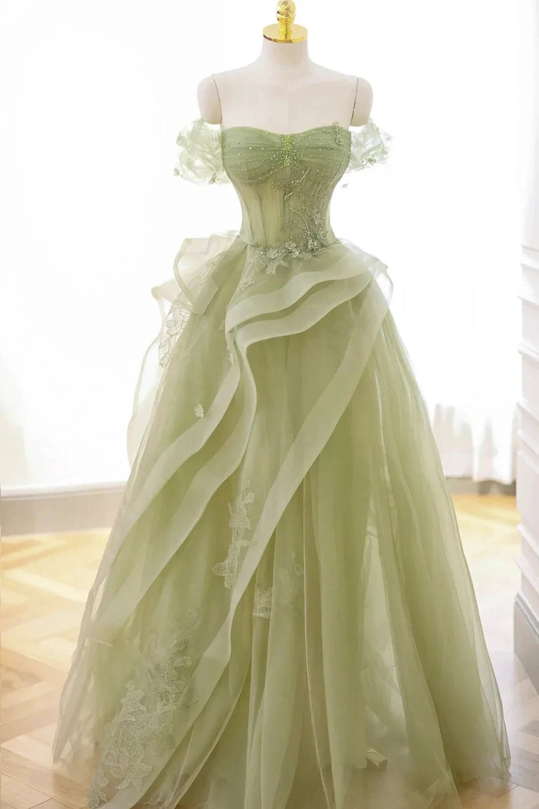 Nellie | Green Tulle Lace Long Prom Dress with Corset, Green Formal Party Dress by KissProm
